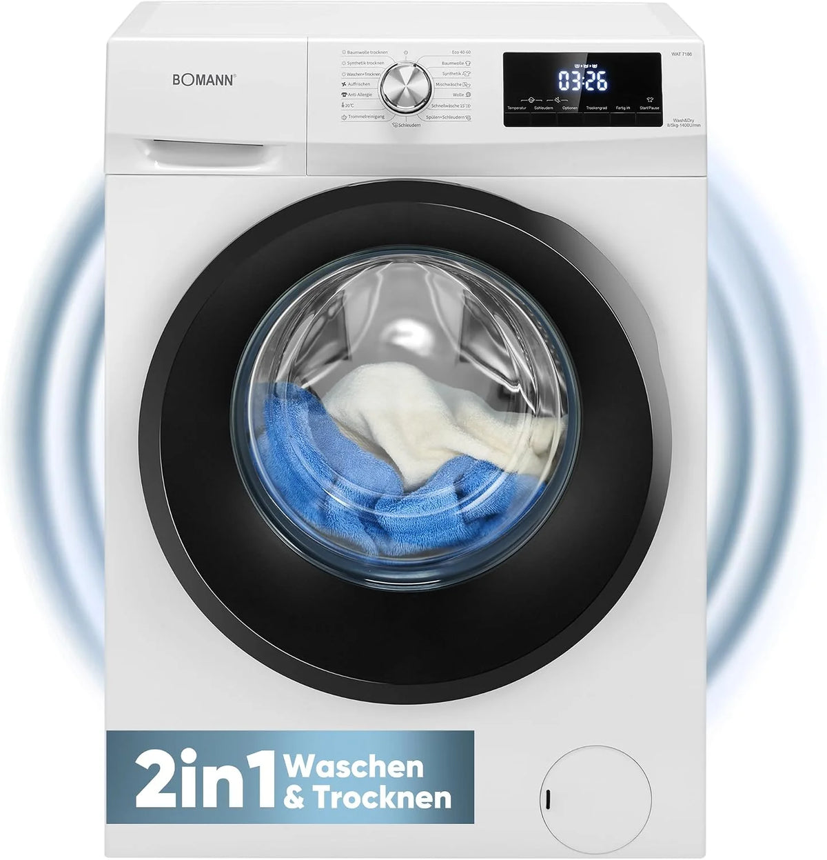 Bomann® Pralko-suszarka | pranie i suszenie w jednym cyklu | pranie 8 kg, suszenie 5 kg | silnik inwertorowy | 1400 obr./min | funkcja pary | zintegrowana pralka z suszarką | WAT 7186 biała