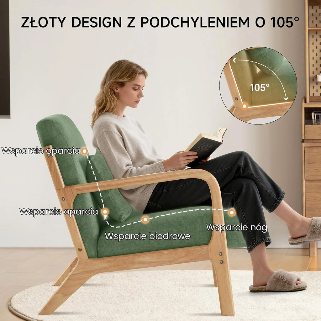 Nowoczesny fotel akcentujący z poduszką, fotel z podłokietnikami i ramą z drewna, tapicerowany fotel do czytania w stylu połowy wieku, do salonu i sypialni (kolor Zielony)