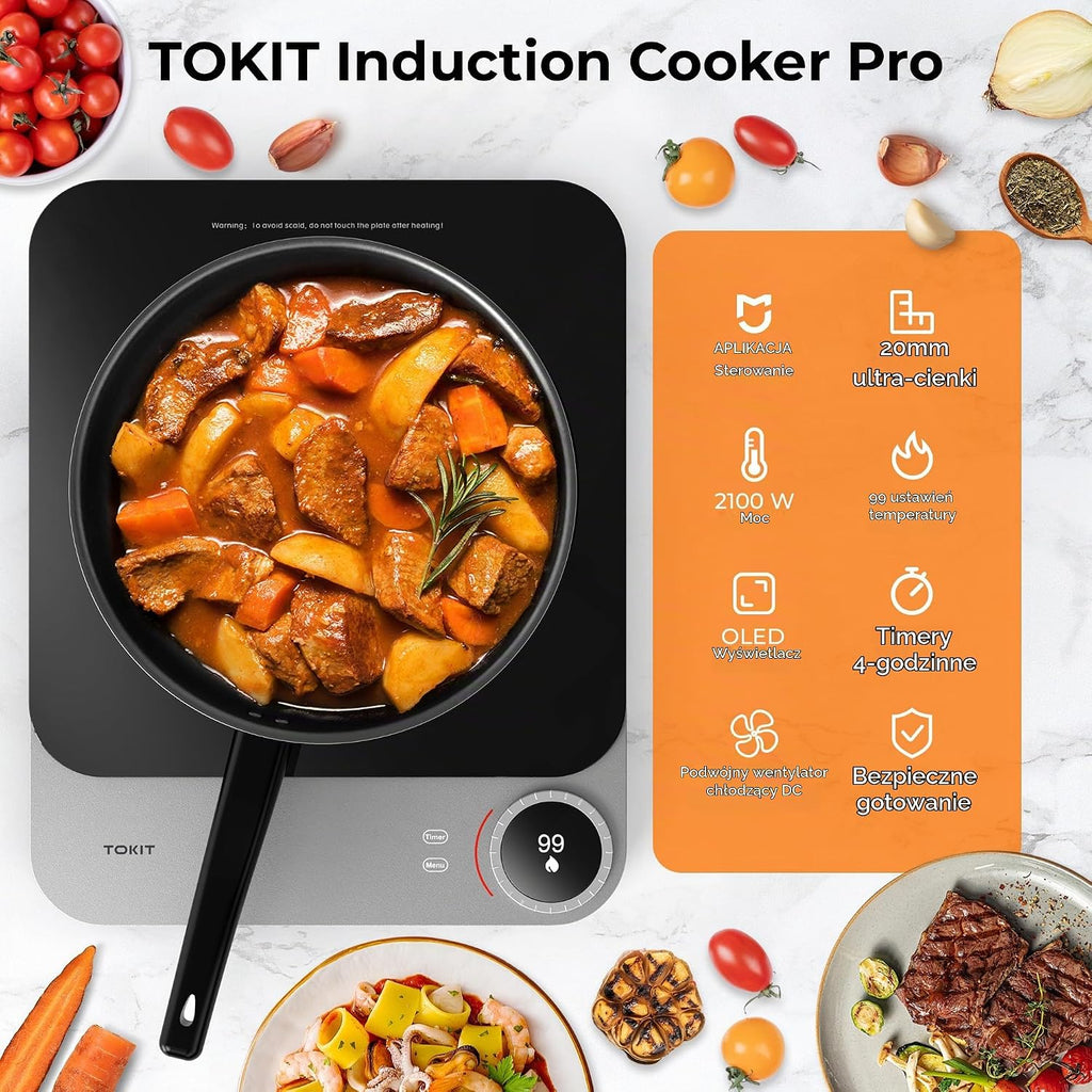 TOKIT Indukcyjna płyta grzewcza 2100 W ze sterowaniem przez aplikację, 99 poziomów mocy, ultra cienka kuchenka indukcyjna (20 mm), przenośna kuchenka indukcyjna do gotowania i biwakowania (aplikacja)