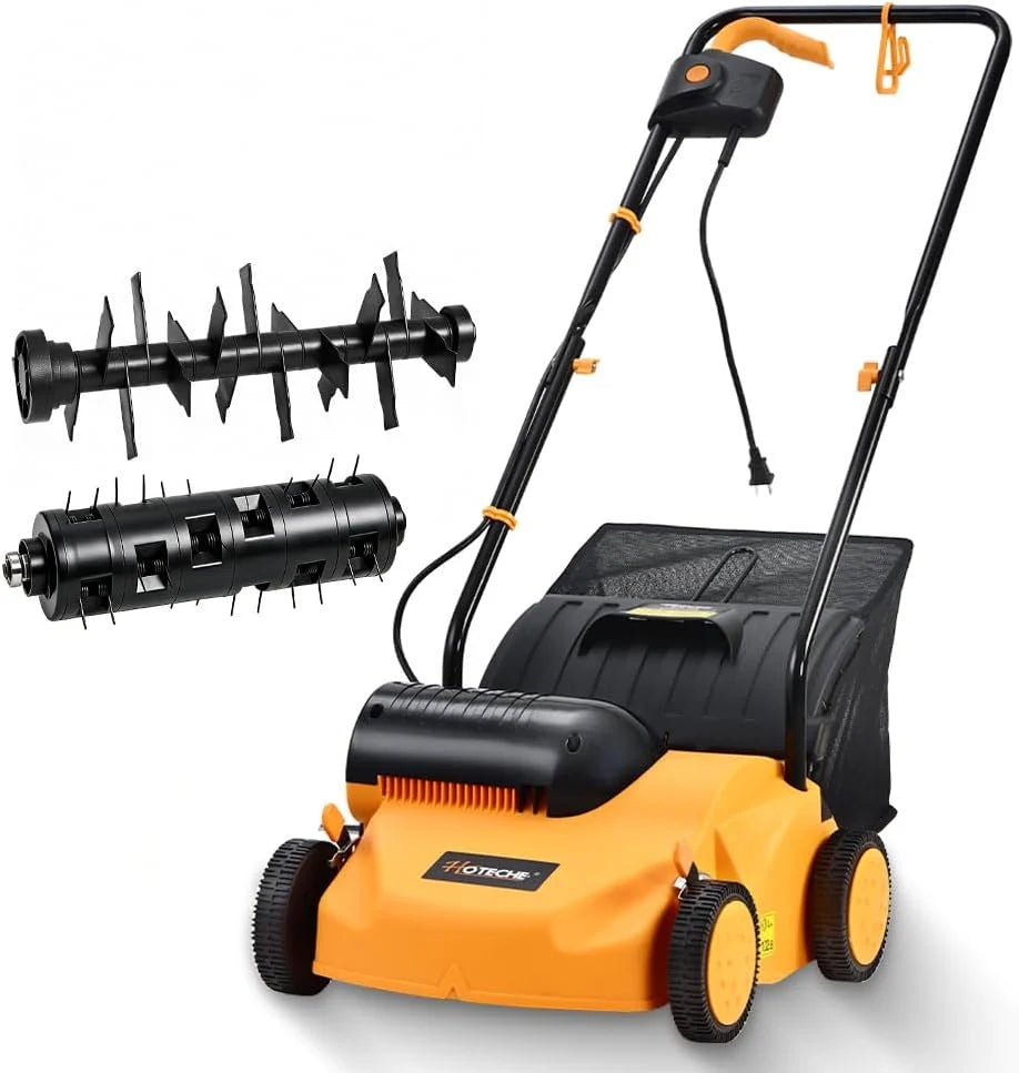 Hoteche Elektryczny wertykulator 1300 W, szerokość robocza 2500 obr./min, 320 mm, pojemnik na trawę 35 l, pomarańczowo-czarny, kolorowe pudełko