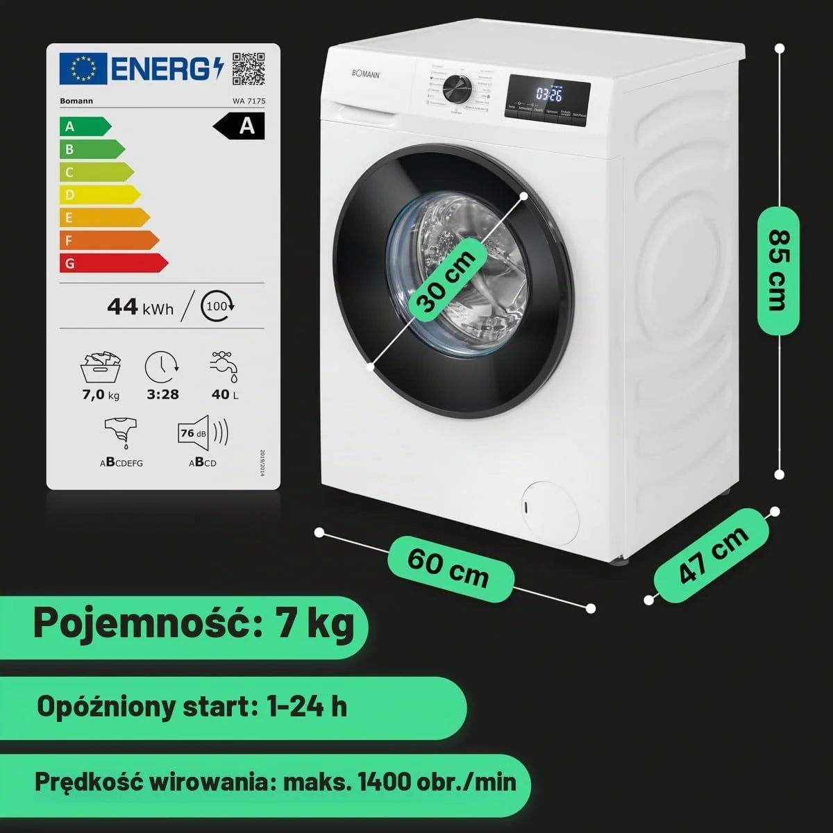 Bomann® Pralka 7 kg | maks. 1400 obr./min | 10 lat na silnik | wydajny, cichy i trwały silnik inwertorowy | 15 programów | wyświetlacz LED | Washing Machine | WA 7175 biało-czarna