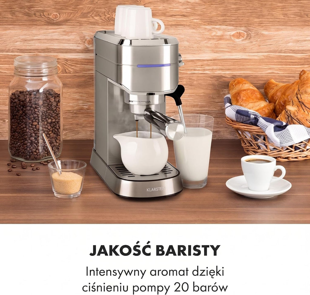 Klarstein Futura Ekspres do kawy, Ekspres kolbowy 1450 W, 20 barów, Jakość barista, Podwójny wylot, Stop przepływu, Kolbowy do kawy, Funkcja spieniania mleka, srebrny