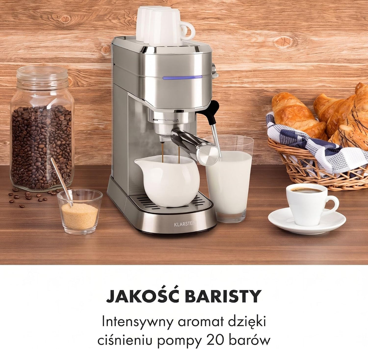 Klarstein Futura Ekspres do kawy, Ekspres kolbowy 1450 W, 20 barów, Jakość barista, Podwójny wylot, Stop przepływu, Kolbowy do kawy, Funkcja spieniania mleka, srebrny