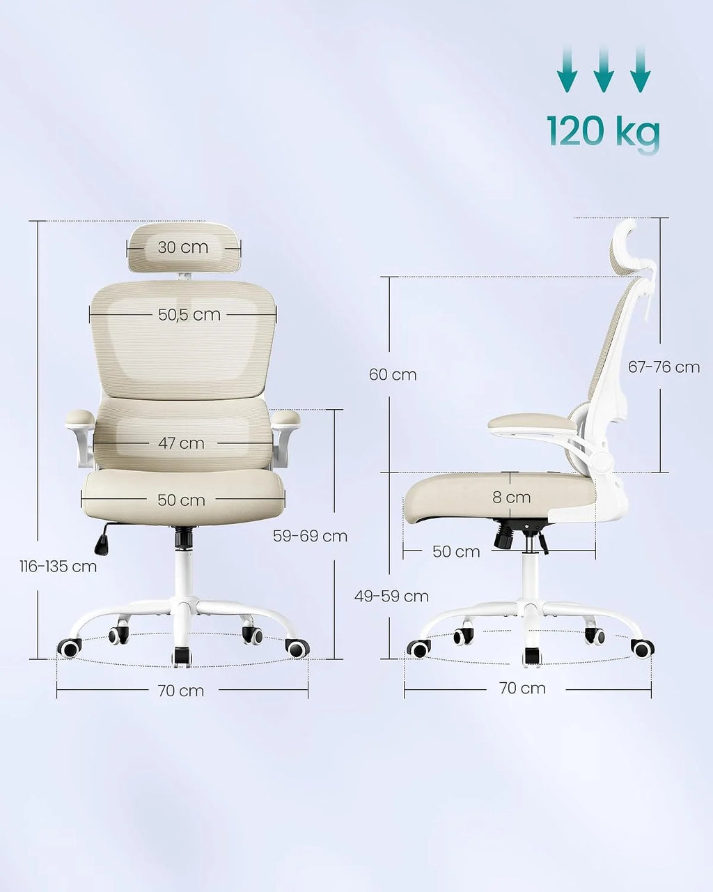 SONGMICS Fotel biurowy, z dwuwarstwową siatką, składanymi podłokietnikami