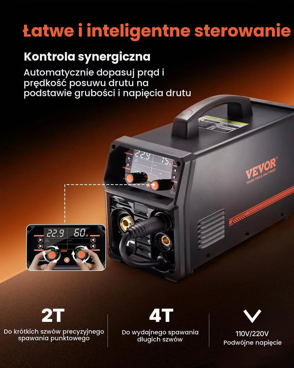 VEVOR Spawarka MIG, 250 A, spawarka synergiczna, przenośna spawarka gazowa MIG, bezgazowa, MMA, 5 w 1, z technologią Inverter IGBT, wyświetlacz LCD, latarka podnosząca TIG nie wchodzi w zakres dostawy