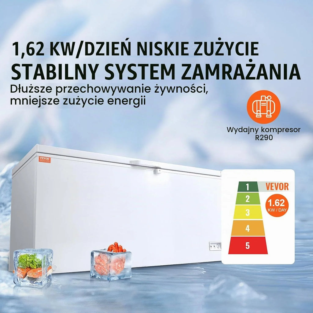 VEVOR Zamrażarka skrzyniowa 488 l, duża zamrażarka wolnostojąca z 4 wyjmowanymi koszami, otwarte drzwi górne z zamykaną pokrywką, regulacja temperatury do 7 poziomów, oświetlenie LED