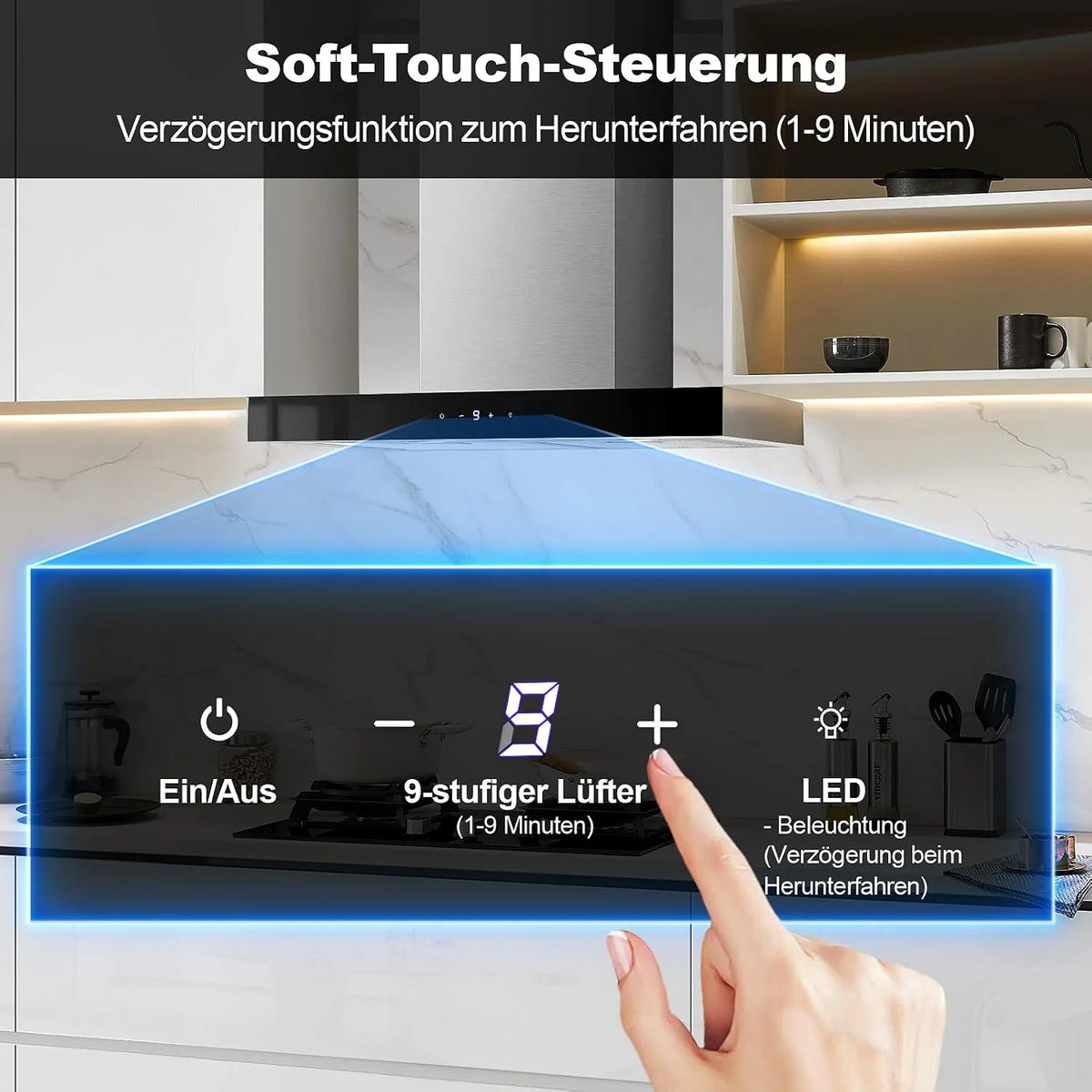 TopStrong okap kuchenny 60 cm, strumień powietrza 700 m³/h, stal nierdzewna, 9-stopniowe sterowanie Soft Touch, 2 W światło LED, okap wyciągowy obiegowy/wylot powietrza