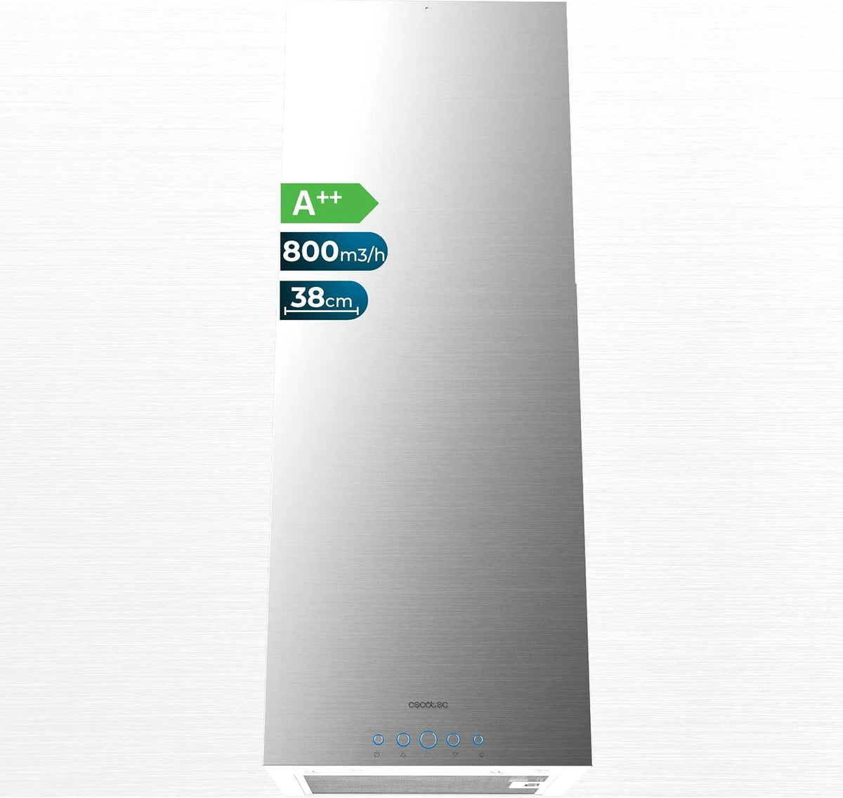 Cecotec Okap kuchenny 38 cm kwadratowa wyspa Bolero Flux ICT 388000 stal nierdzewna A++. Wykończenie ze stali nierdzewnej, ssanie 800m3/h, silnik 210 W, klasa A++, 3 poziomy, filtr węglowy Ø176,