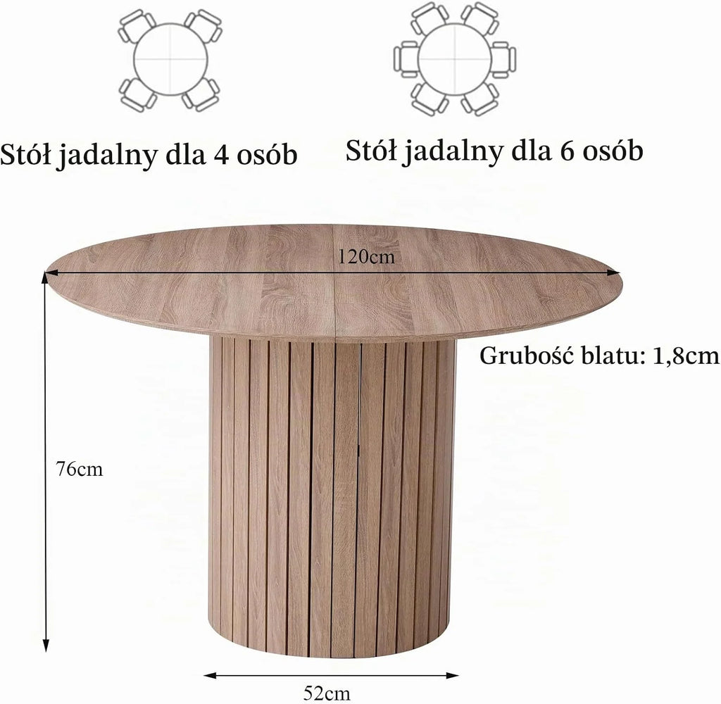 Okrągły stół do jadalni 120 cm dla 4-6 osób; rustykalny stół kuchenny z cylindryczną podstawą, płytą MDF i drewnianym cokołem żebrowym (tekstura jasnego drewna)