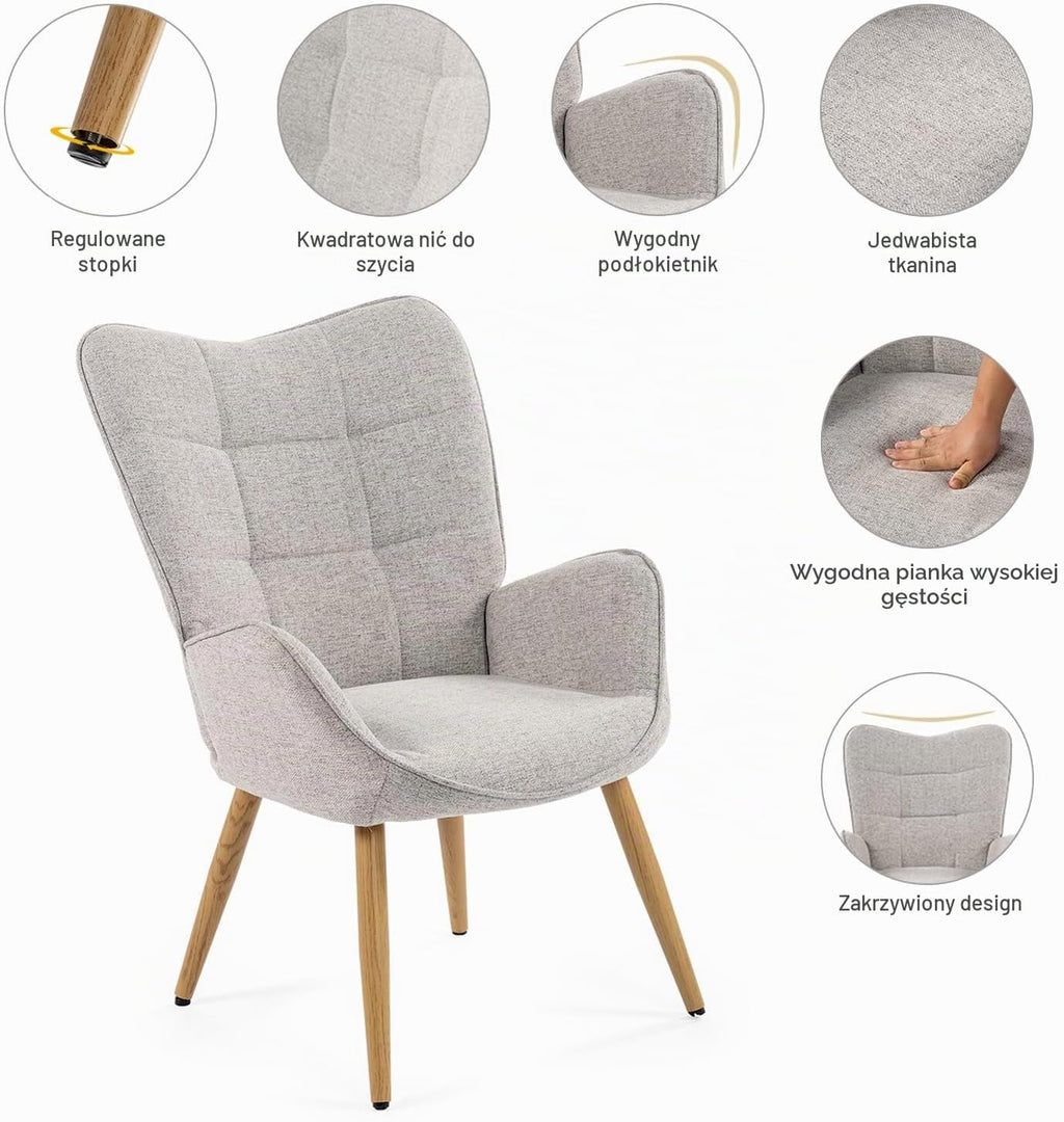 MEUBLE COSY Fotel do salonu krzesło akcentujące z wysokim oparciem skrzydła i wyściełanymi podłokietnikami, drewniane nogi, pojedyncza sofa do czytania sypialni, tkanina, szary