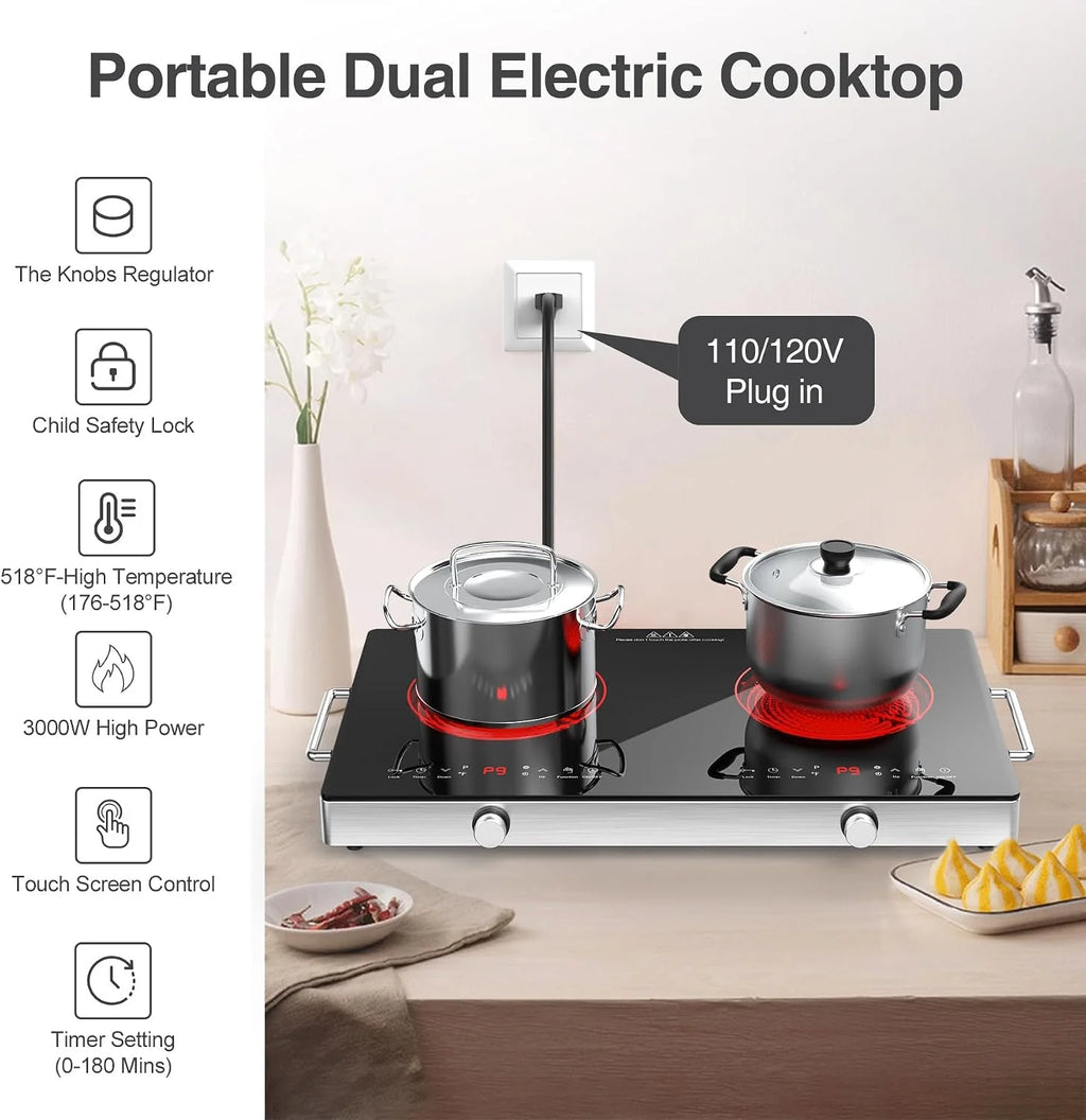 VBGK Płyta grzewcza ze szkła ceramicznego, 220 V, 3520 W, płyta kuchenna ze sterowaniem pokrętłem, 9 poziomów mocy, zabezpieczenie przed dziećmi i timer, obsługa dotykowa LED, zabezpieczenie przed