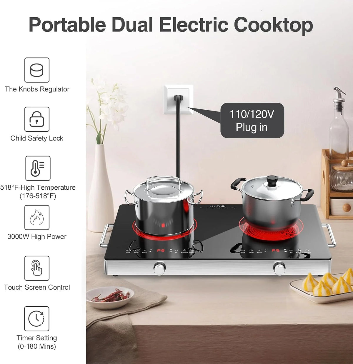 VBGK Płyta grzewcza ze szkła ceramicznego, 220 V, 3520 W, płyta kuchenna ze sterowaniem pokrętłem, 9 poziomów mocy, zabezpieczenie przed dziećmi i timer, obsługa dotykowa LED, zabezpieczenie przed