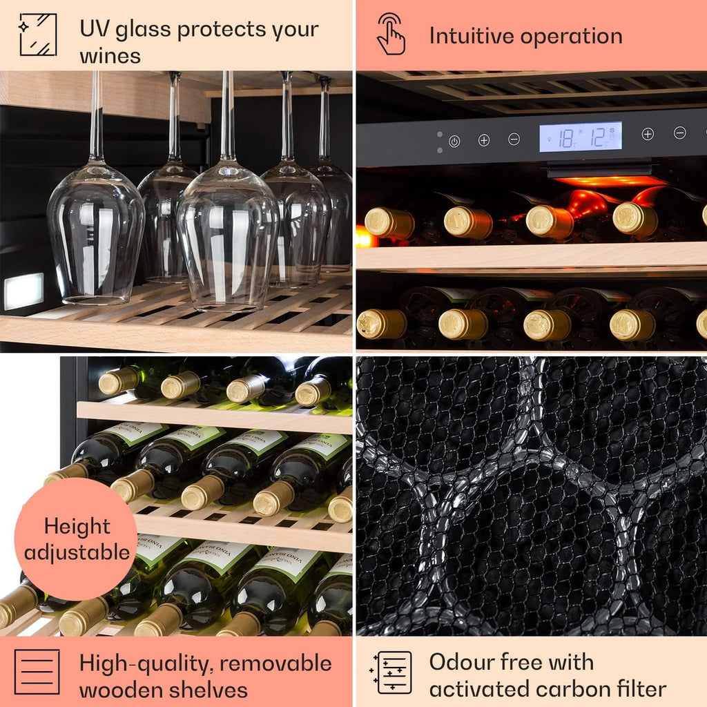 Klarstein Vinovilla Chłodziarka do wina do zabudowy, 433 l, dwustrefowa, na wino, prosecco i piwo, szklane drzwi, ochrona UV, panel dotykowy, 47 dB, 165 butelek