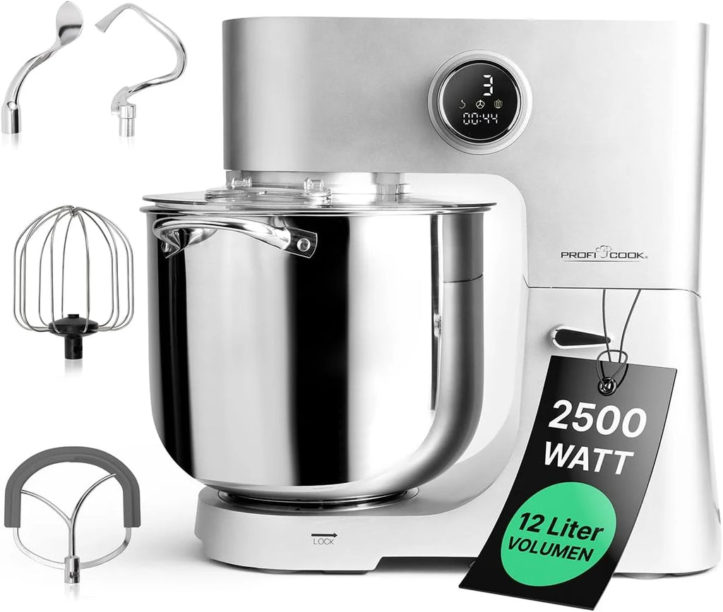 ProfiCook® Robot kuchenny z miską XXL 12 L | Ugniatanie z silnikiem Longlife Pro 2500W | Metalowa skrzynia biegów i wyświetlacz LED | Robot kuchenny do 8,5 kg ciasta | PC KM 1254