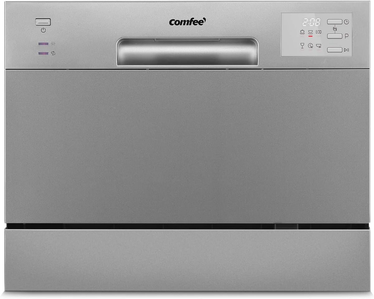 COMFEE Kompaktowa zmywarka CDWMT0602ESD-EU mini zmywarka z 6 sztućcami, 6 programów, klasa D, wyświetlacz LED, opóźniony start, intensywny cykl H-TEMP do 70°C, poziom hałasu 47 dB - srebrna