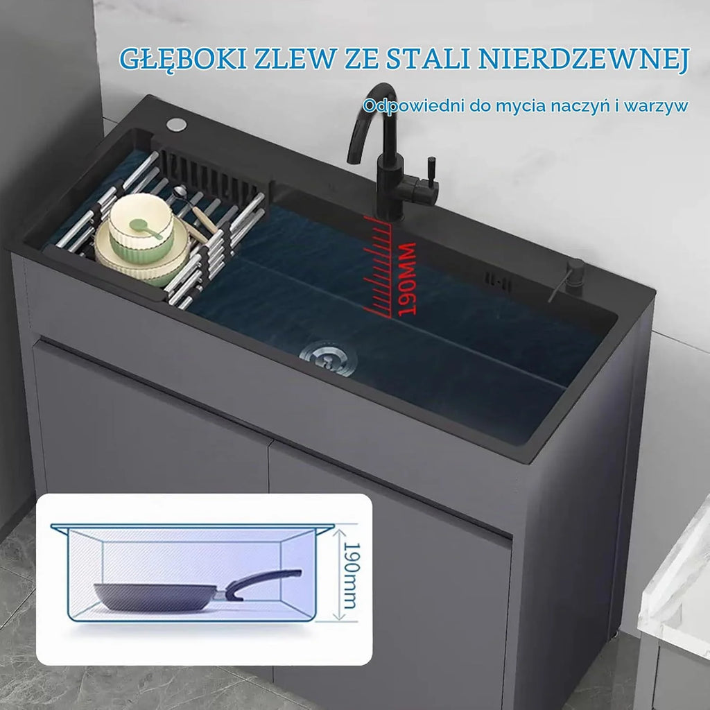 Wolnostojący Zlewozmywak ze Stali Nierdzewnej z Szafką, Bateria Ciepło-Zimno, Półka do Przechowywania, Szafka z Zlewem Użytkowym do Pralni, Kuchni i Łazienki