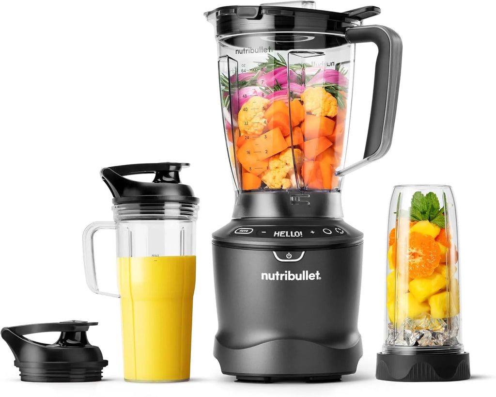 Nutribullet SmartSense Blender Combo NBF550DG z 5 zmiennymi prędkościami, funkcją pulsu, kubek 946 ml i 710 ml z uchwytem, inteligentny cykl automatyczny, pokrywa To-Go, 1500 W, czarny
