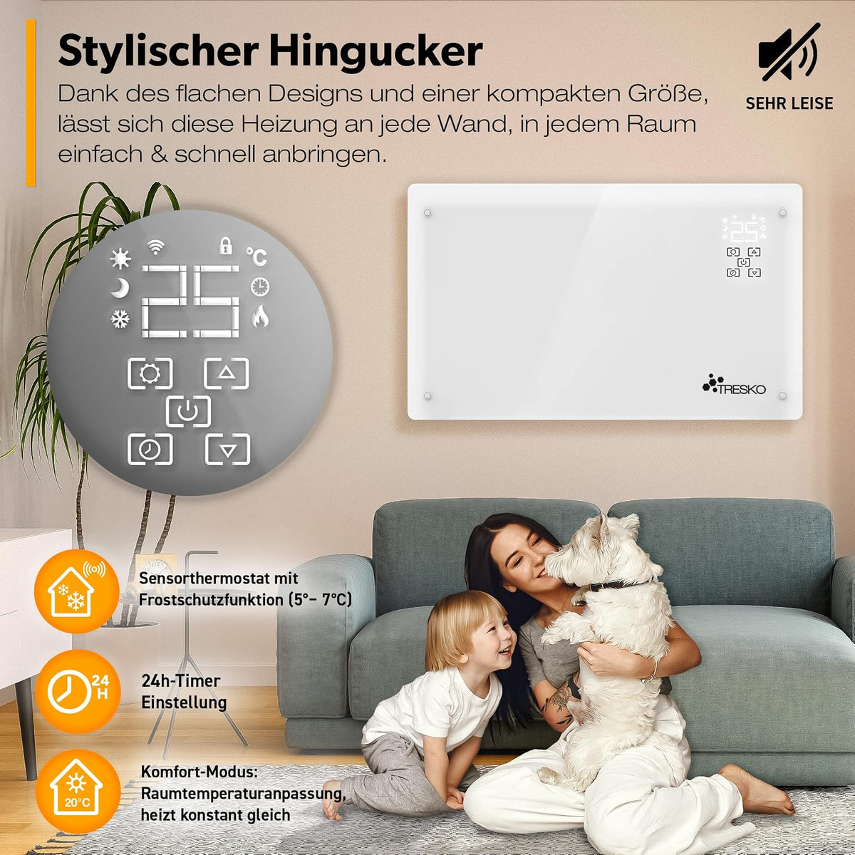 TRESKO® Szklany konwektor 2000 W, aplikacja WiFi, ogrzewanie elektryczne, ogrzewanie szklane, grzejnik konwektorowy, grzejnik LED i timer, grzejnik elektryczny, ogrzewanie stojące lub ścienne
