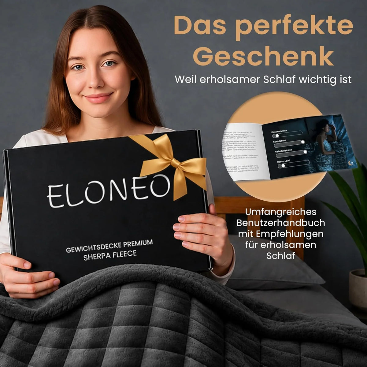 ELONEO koc obciążeniowy Sherpa Fleece 200x200 cm z 9 kg, certyfikowany Oeko-Tex, koc obciążeniowy, koc relaksacyjny i koc przeciwstresowy, czarny