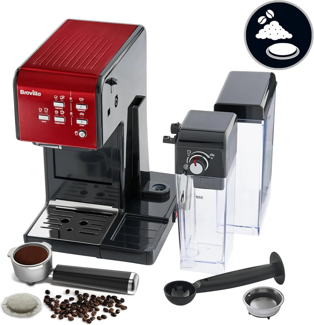 Breville Ekspres do kawy Kolbowy PrimaLatte II VCF109X, 19 Bar, Zintegrowany automatyczny spieniacz do mleka, wyjmowany pojemnik na mleko, Czerwony