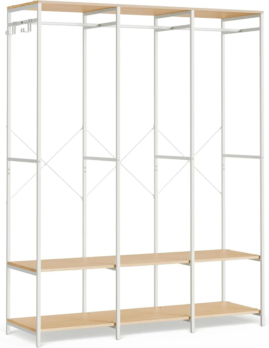 SONGMICS Otwarta szafa ubranie, wieszak do ubrań, z drążkiem, półki, zdejmowane haczyki, 40 x 141 x 180 cm, naturalny beż RGR005W67