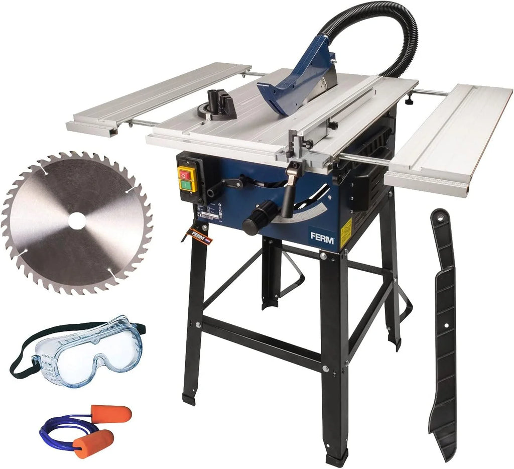 FERM Stołowa pilarka tarczowa 250 mm - 1800 W - wysuwany aluminiowy stół roboczy - adapter próżniowy - ogranicznik kątowy i prowadnica równoległa - w zestawie brzeszczot T40 (TCT)