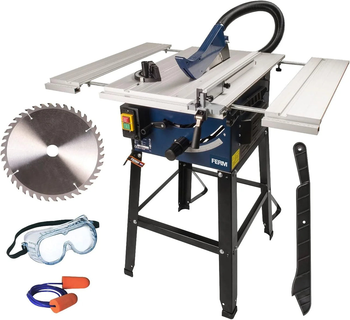 FERM Stołowa pilarka tarczowa 250 mm - 1800 W - wysuwany aluminiowy stół roboczy - adapter próżniowy - ogranicznik kątowy i prowadnica równoległa - w zestawie brzeszczot T40 (TCT)