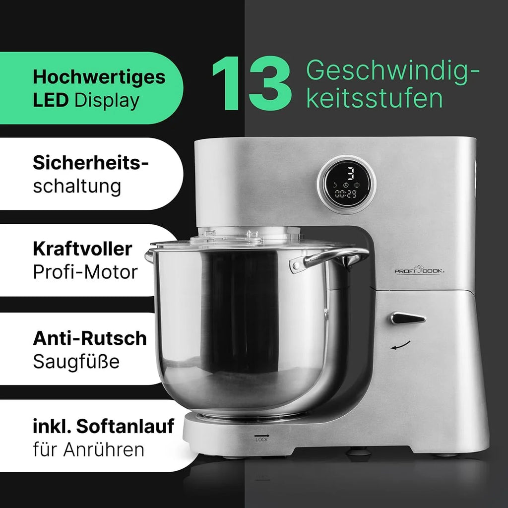 ProfiCook® Robot kuchenny z miską XXL 12 L | Ugniatanie z silnikiem Longlife Pro 2500W | Metalowa skrzynia biegów i wyświetlacz LED | Robot kuchenny do 8,5 kg ciasta | PC KM 1254
