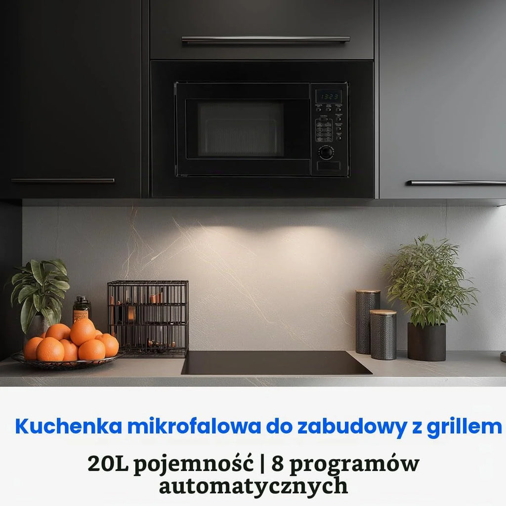 Kuchenka mikrofalowa do zabudowy Bomann z grillem, 60 cm, Kuchenka mikrofalowa 800 W, Grill 1000 W, z rusztem do grilla i talerzem obrotowym, Kuchenka mikrofalowa do zabudowy 20 l, MWG 2215 EB, czarna