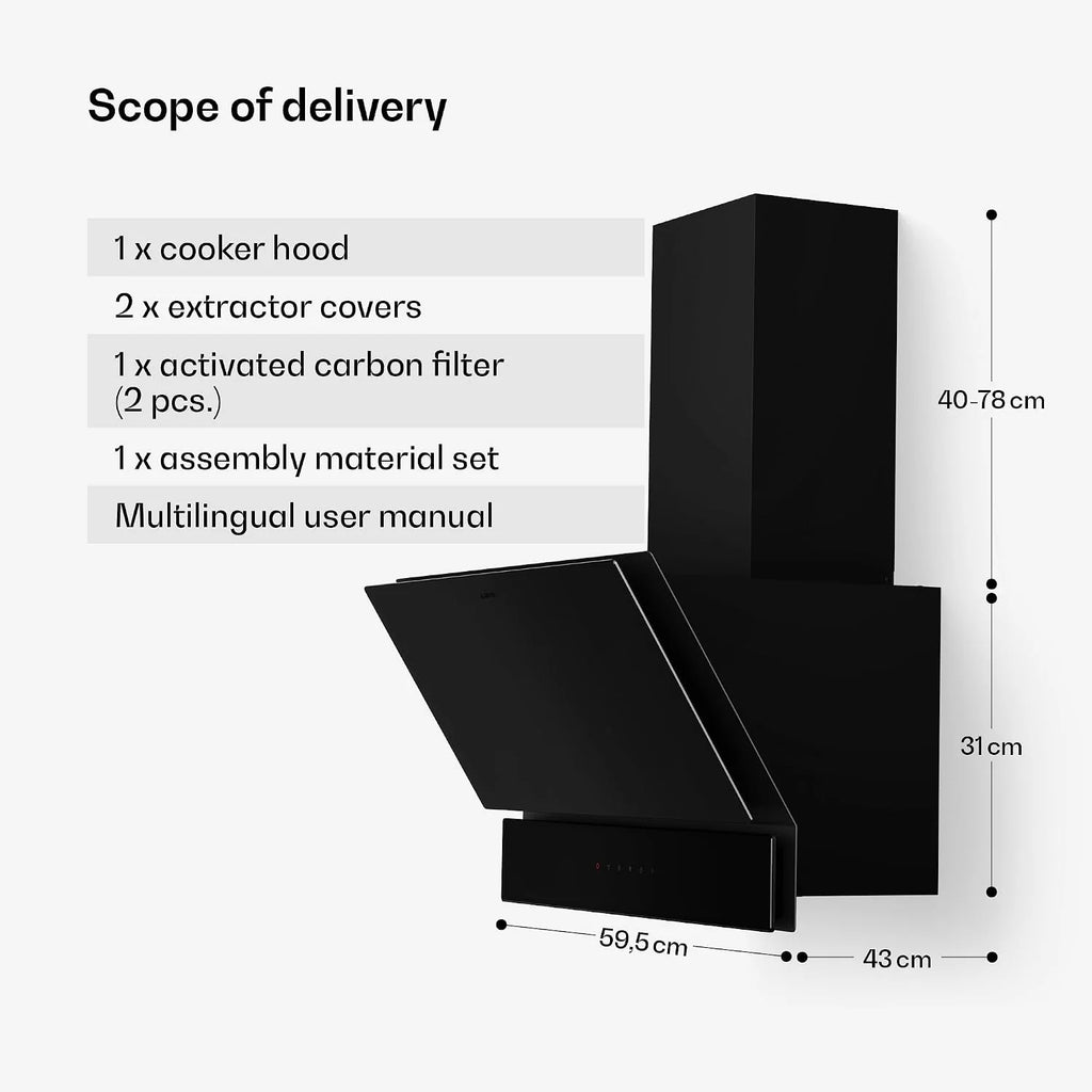 Klarstein Velaire okap kuchenny 60 cm, zwiększenie efektywności energetycznej 820 m³/h, klasa energetyczna A++, obsługa dotykowa, LED, cichy, filtr aluminiowy i z węglem aktywnym, czarny