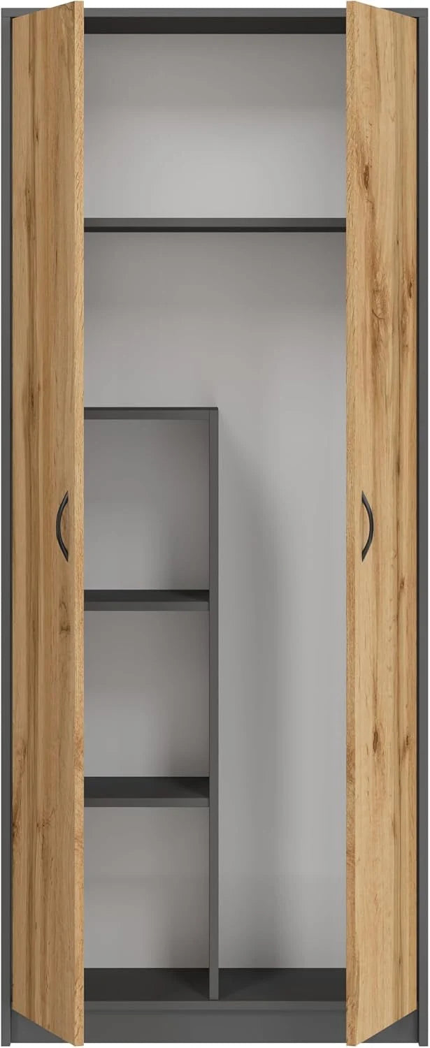 BDW - Szafa Gospodarcza - Szafka na Środki Czystości, Miotły, Odkurzacz - 74x35x180cm - Praktyczna Wielofunkcyjna Szafka do Pomieszczenia Gospodarczego - DINO Grafit/Dąb Wotan