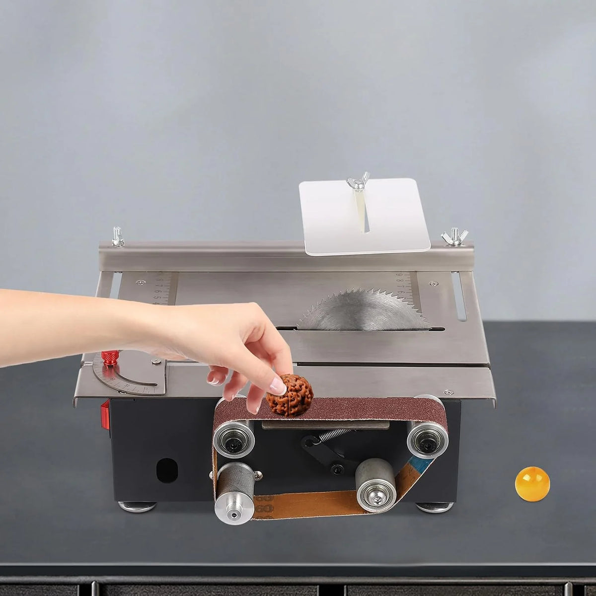 Mini piła stołowa 200 W, 7-biegowa, nachylona 0-90°, 4 brzeszczoty do drewna, tworzywa sztucznego, głębokość cięcia 33 mm, 10 taśm szlifierskich, szlifierek taśmowych, wielofunkcyjna piła stołowa do