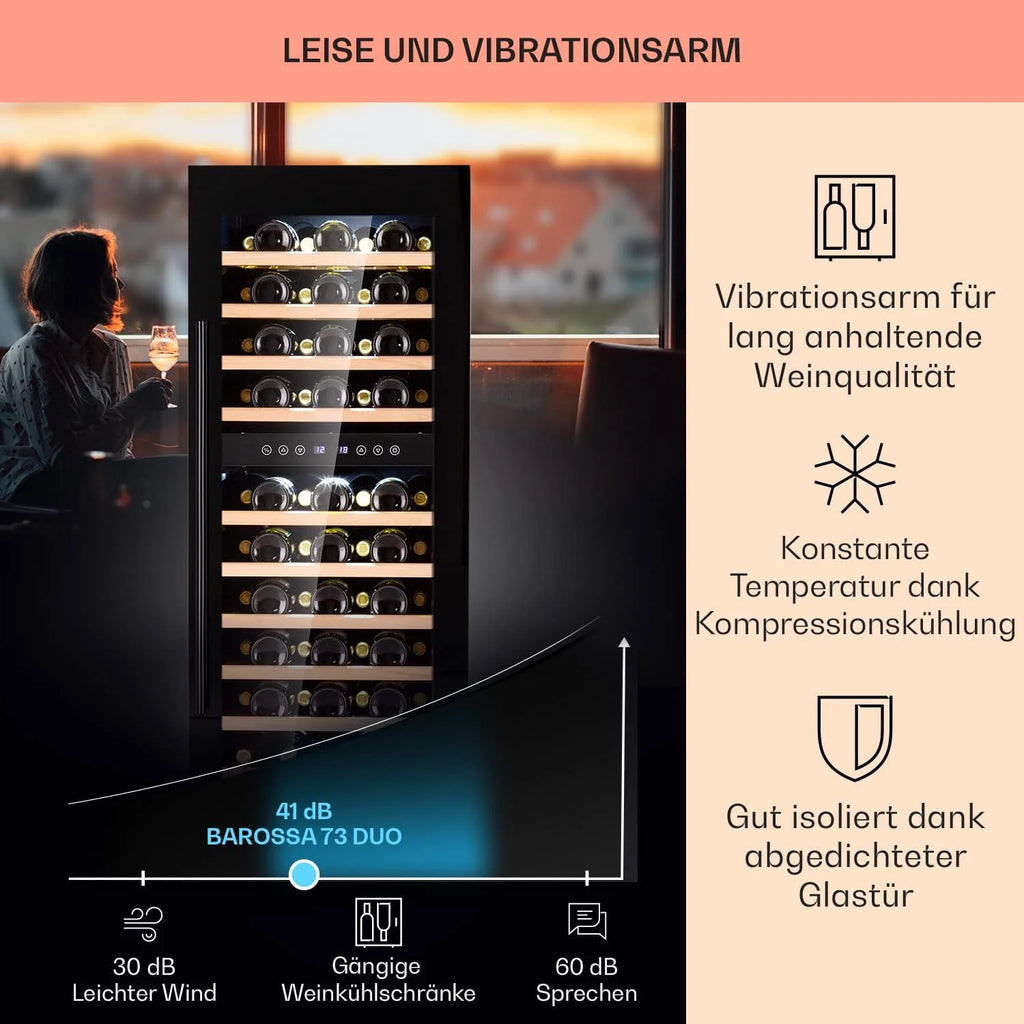 Klarstein Chłodziarka do wina wolnostojąca, Mała wąska lodówka na napoje, 2 strefy, chłodziarka ze szklanymi drzwiami, Beersafe Indoor/Outdoor, Mała lodówka z oświetleniem LED, 5-18°C, 73 butelki