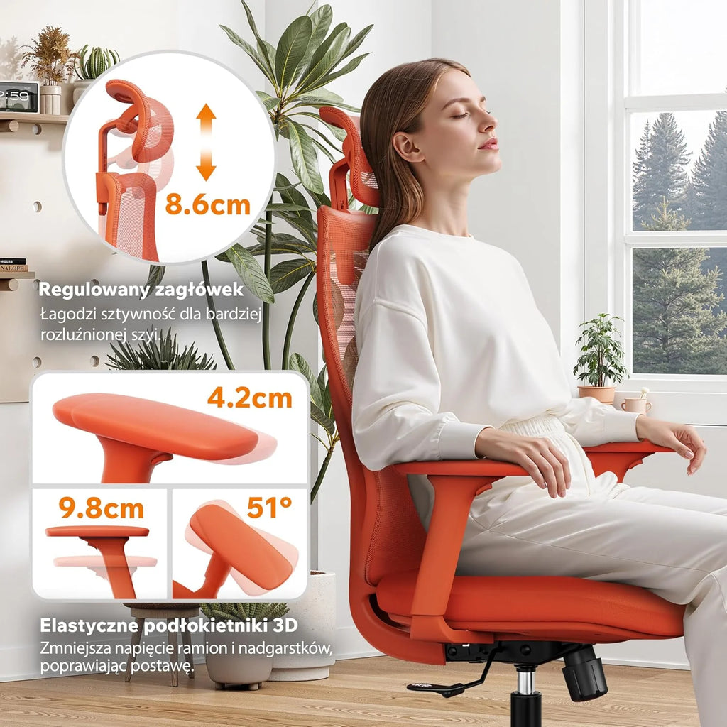 SENSE7 Fotel Biurowy Gamingowy Ergonomiczny Krzesło Obrotowe Biurowe Regulowany dla Home Office Graczy 150kg Oddychająca Tkanina Regulowany Zagłówek z Podparciem Podłokietnikami 3D - MOYO Pomarańcz