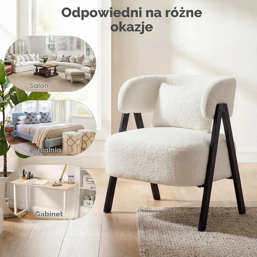COSTWAY Fotel, fotel ze sztucznego futra z poduszkami lędźwiowymi i metalowymi nogami, tapicerowany fotel do 150 kg, wygodne krzesło tapicerowane do salonu, sypialni i gabinetu (kolor beżowy)