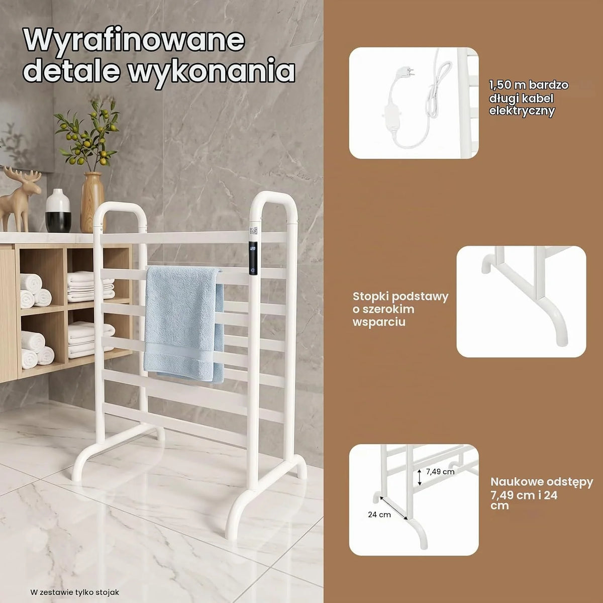 Elektryczny grzejnik na ręczniki, wieszak na ręczniki, bez wiercenia, timer 1-24 h, 45-60 °C, 180 W, biały, dwupoziomowy, wolnostojący ogrzewacz na ręczniki do łazienki do 30 kg, 60 x 43 x 90,5
