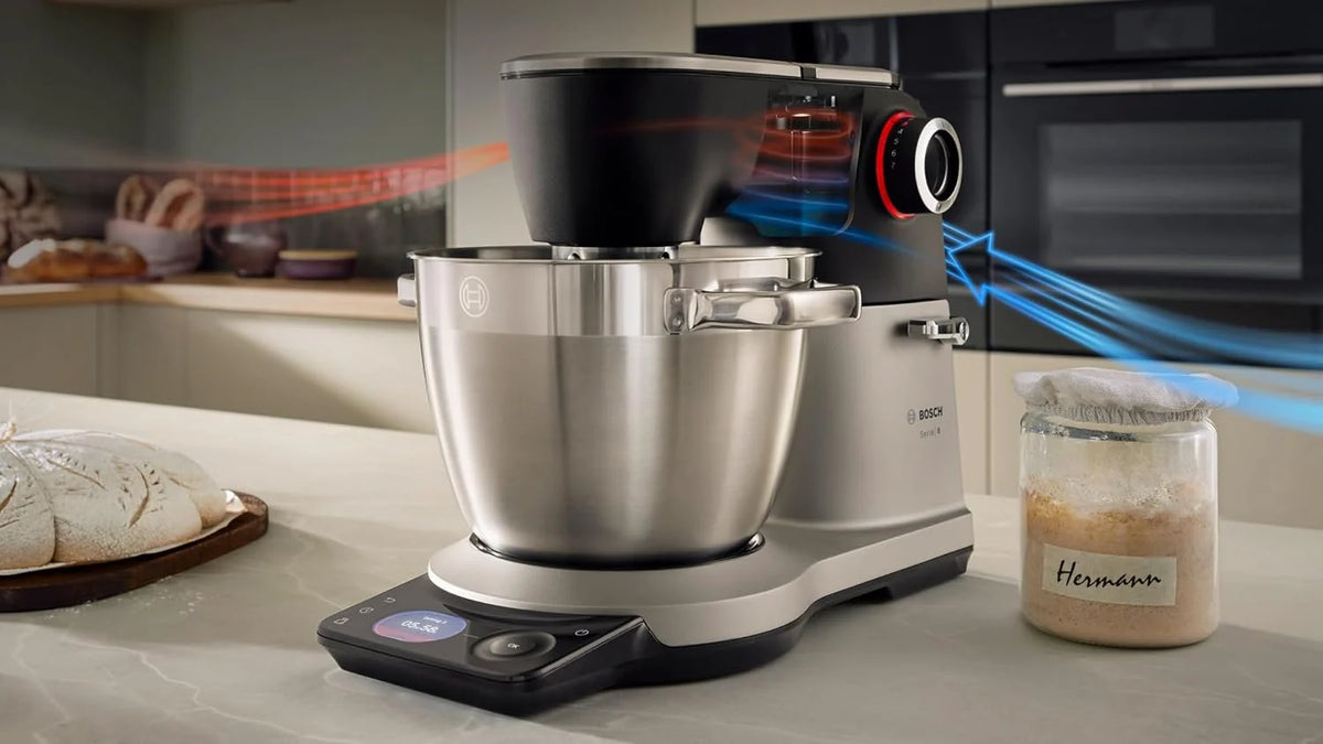 Bosch, robot kuchenny Serie 8, z wagą, silnik 1800 W chłodzony powietrzem, system mieszania planetarnego 3D, zestaw cukierniczya, misa 6,0 l, dodatkowa misa, metalowa obudowa, MUMS8ZS18
