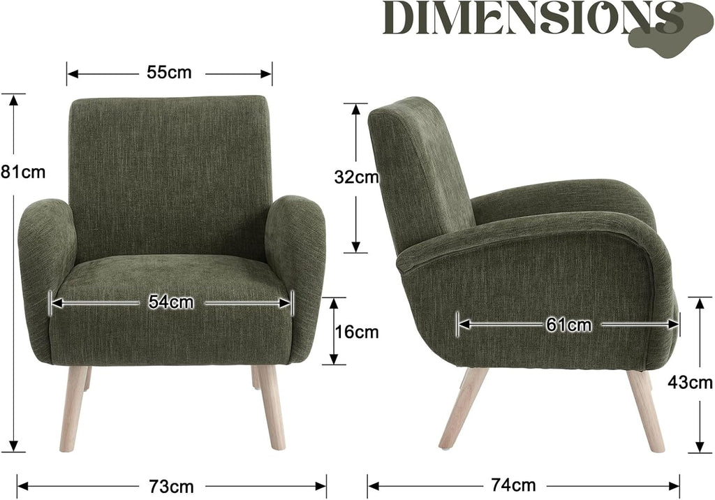 chairus Chenille fotel wypoczynkowy, fotel z uszami do salonu, tapicerowany, pojedyncza sofa do sypialni, fotel akcentujący, fotel relaksacyjny z drewnianymi nogami (zielony)