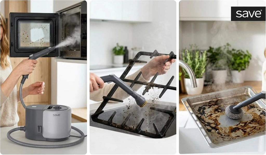 SAVE Myjka parowa 2000 W 2 w 1 z ręczną myjką parową, 4 bary, zbiornik na wodę 1,5 l, gorąca para 135°C, 13-częściowy zestaw akcesoriów do podłóg, płytek, okien, łazienki i kuchni
