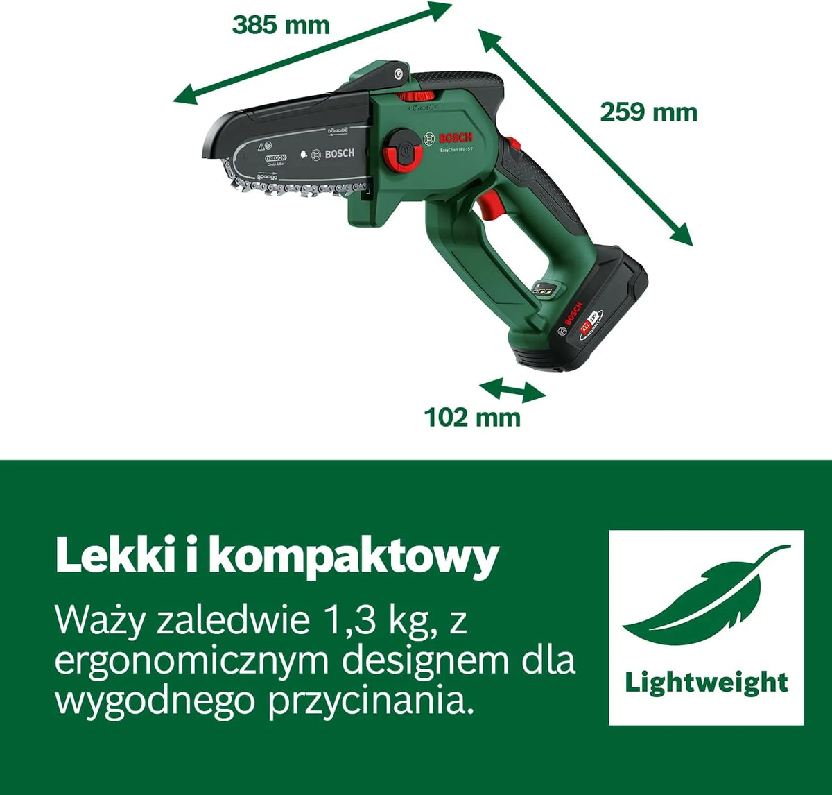 Bosch Mini piła łańcuchowa EasyChain 18V-15-7, do cięcia drewna, system 18V, prędkość łańcucha: 6,95 m/s, bez akumulatora