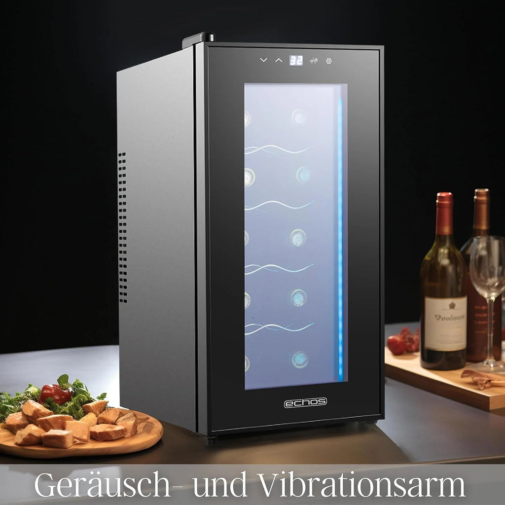 Echos Lodówka na wino, na 10 butelek, 28 l, oświetlenie LED, chłodziarka do wina, mini lodówka na wino, mini bar ze szklanymi drzwiczkami
