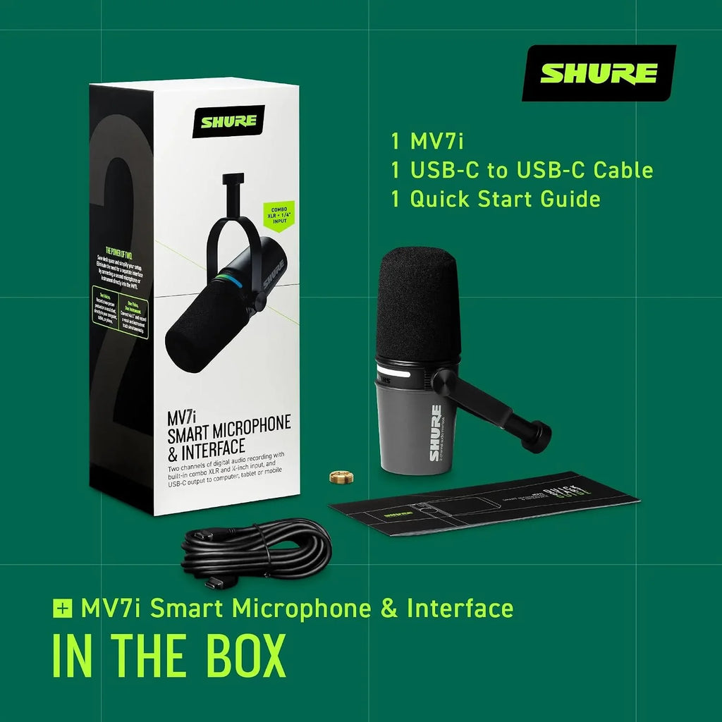 Shure Mikrofon MV7i Smart Podcast + Wbudowany Interfejs Audio – Zestaw Sprzętu z 2 Kanałami dla Podwójnych Mikrofonów XLR lub Mikrofon + Instrumenty XLR - Bezpośrednie Połączenie USB-C z PC/Telefonem