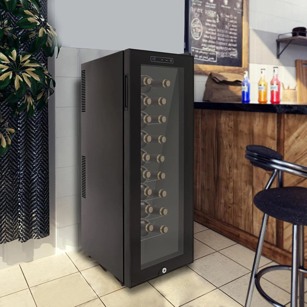 Lodówka na wino, 30 butelek, 90 l, oświetlenie LED, chłodziarka do wina, ekran dotykowy, wzmocnione szklane drzwi, wolnostojąca, zakres temperatur 12-18°C, 50,5 x 34,5 x 98,5 cm