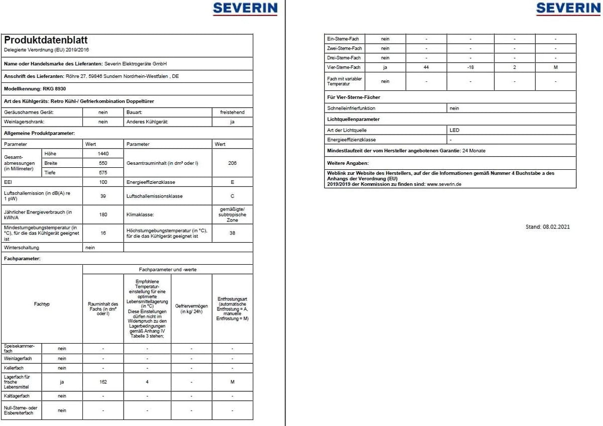SEVERIN Retro – lodówko-zamrażarka, 162 l/44 l, RKG 8930, czerwony retro [klasa energetyczna E]
