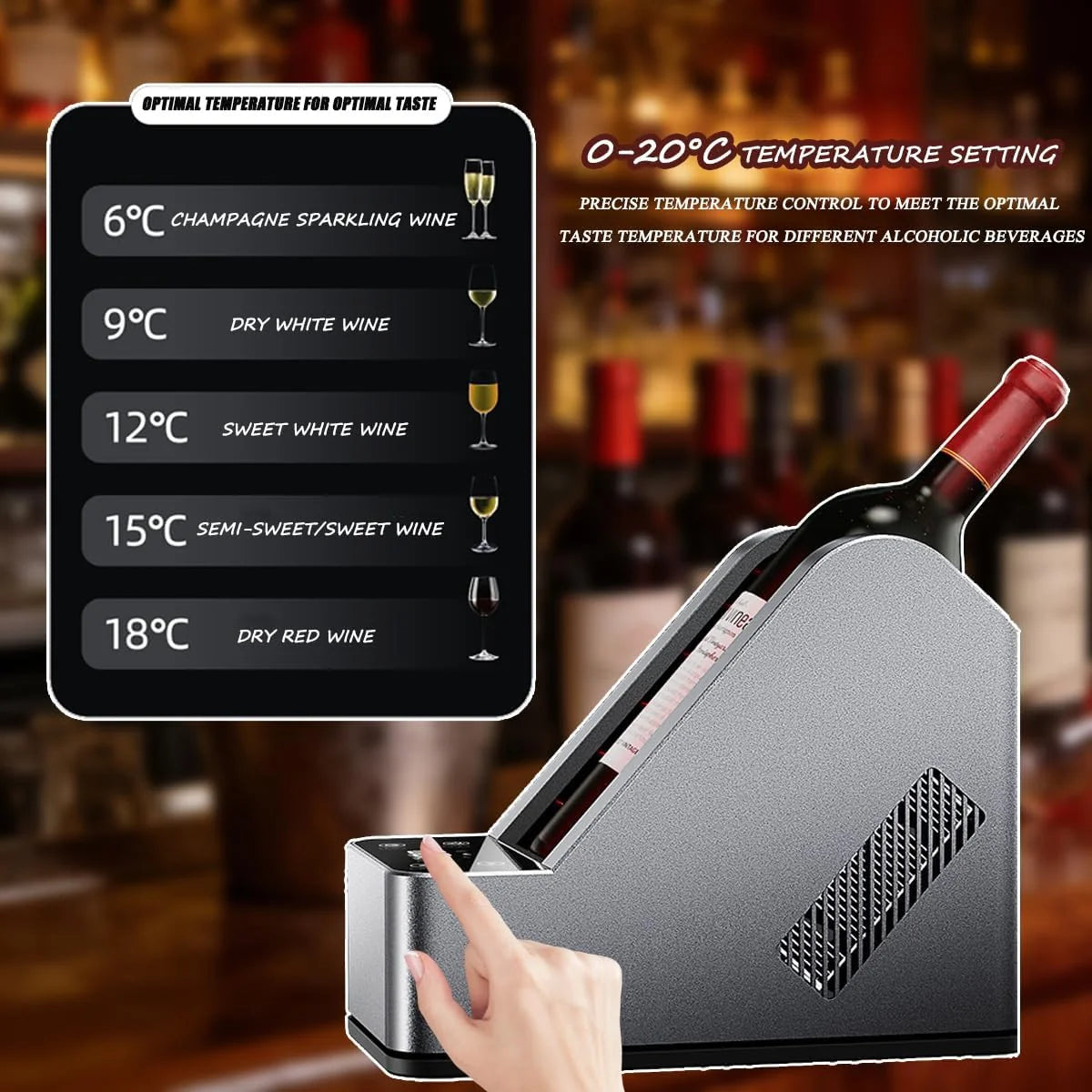 Elektryczna chłodziarka do wina, kompaktowa chłodziarka do wina z wyświetlaczem dotykowym LED, taca na wodę, regulowana temperatura, cicha praca do domu, samochodu, kampera, pojemność pojedynczej