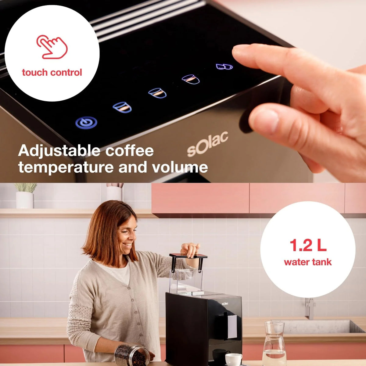 Solac - Super automatyczny ekspres do kawy 1350 W | 19 barów | Espresso i Latte | 4 Predefiniowane menu | Wyświetlacz cyfrowy | Automatyczne czyszczenie | Kawa z wbudowanym młynkiem | Ogrzewanie