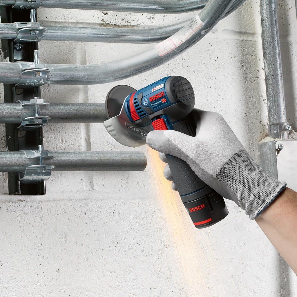 Bosch Professional system 12V: akumulatorowa szlifierka kątowa GWS 12V-76 (3 tarcze tnące, Ø tarczy: 76 mm, walizka L-BOXX)