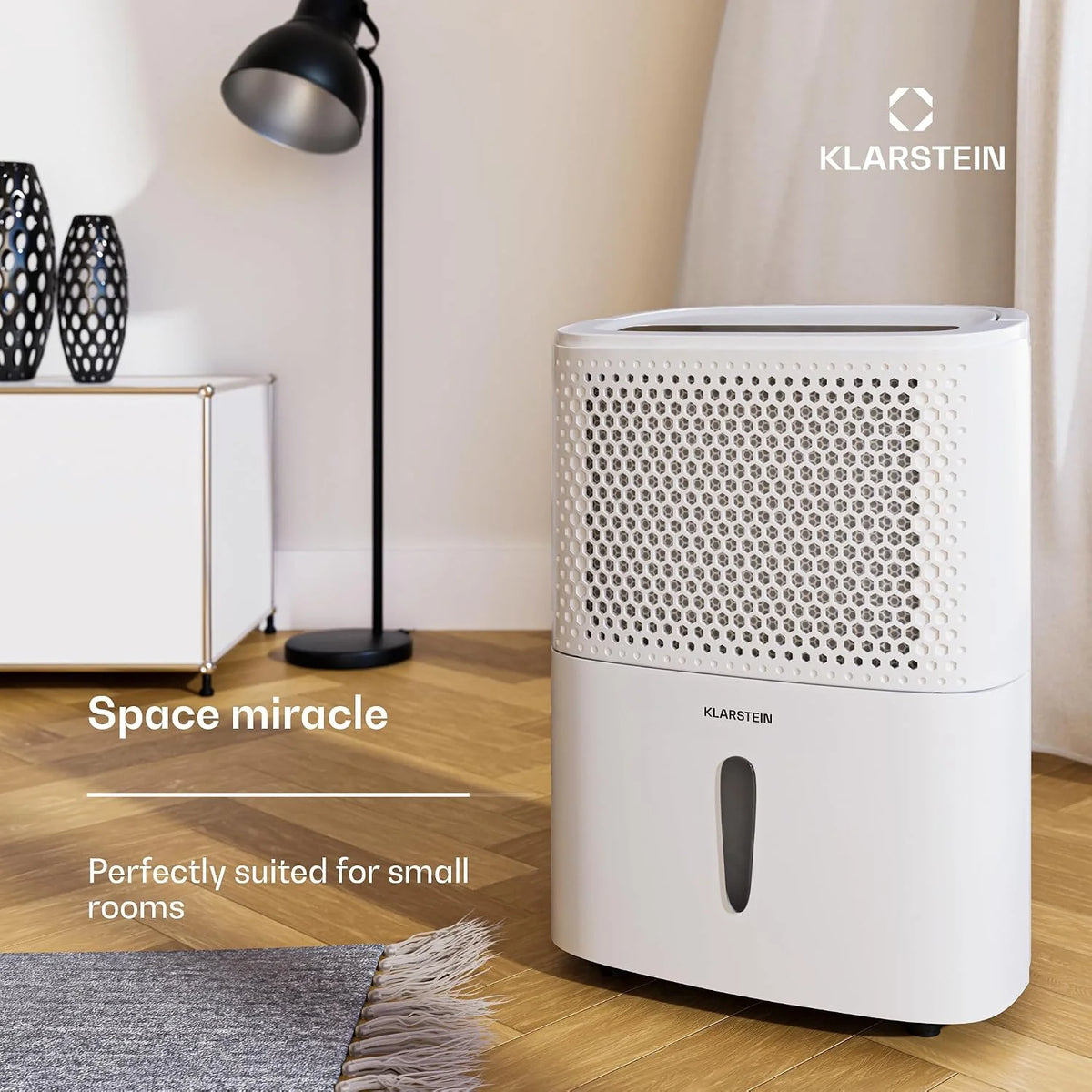 Osuszacz powietrza Klarstein DryFy 10L - 240 W, 10 l/dzień, zbiornik 1,8 l, cichy 42 dB, automatyczne osuszanie, timer, do domu, sypialni, łazienki, biały