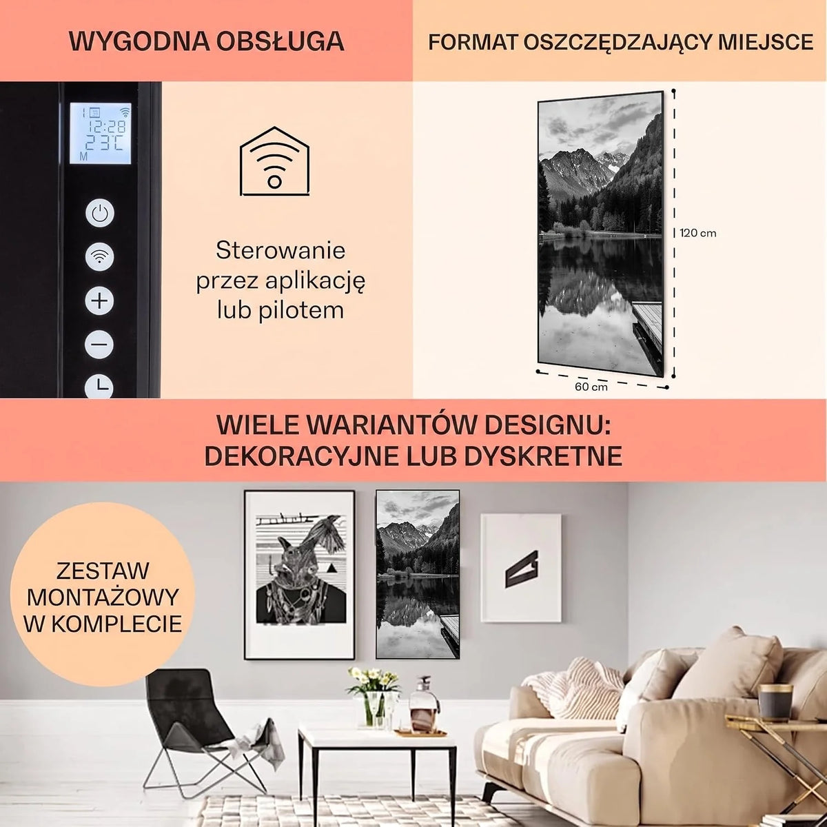 Klarstein Ogrzewanie na podczerwień z termostatem, 700W grzejnik elektryczny, Ogrzewanie z grafiką do montażu ściennego, IR ze sterowaniem IoT/WiFi, Płaski grzejnik do pomieszczeń wilgotnych, bez CO2