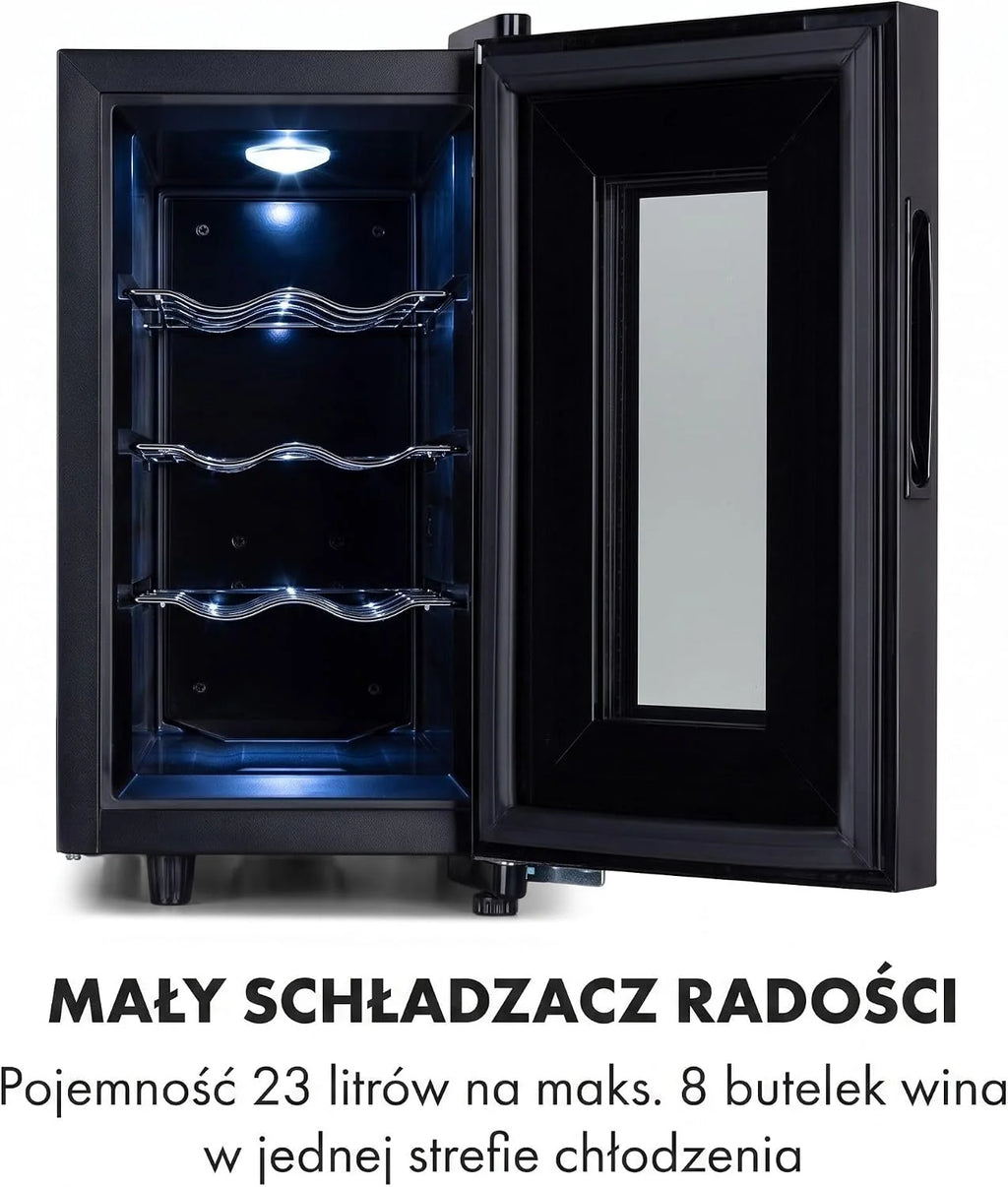 Klarstein Chłodziarka do wina, Wąska lodówka na napoje, 1 strefa, lodówka ze szklanymi drzwiami, Wolnostojące chłodziarki, Mała chłodziarka do wina, Ochrona UV, 11-18°C, 8 butelek